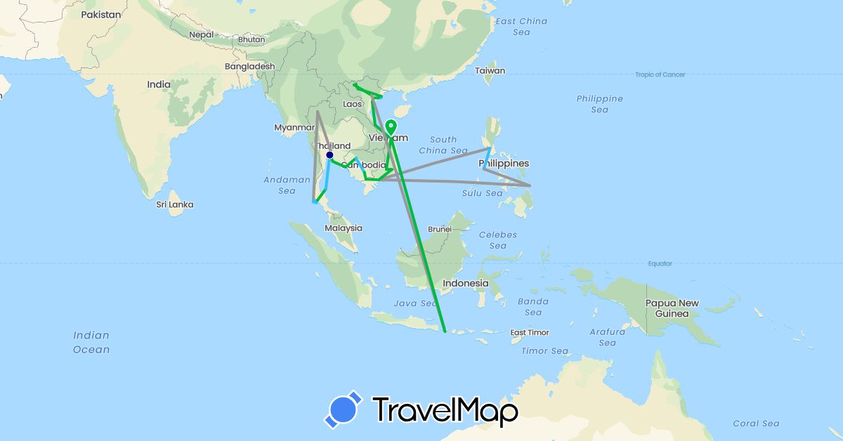 TravelMap itinerary: driving, bus, plane, boat in Indonesia, Cambodia, Philippines, Thailand, Vietnam (Asia)